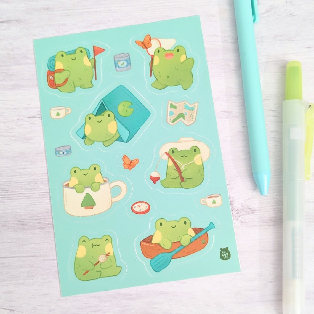 Camping Frogs Waterproof Sticker Sheet
