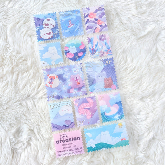 Pack of stickers with colorful designs on a white fluffy surface