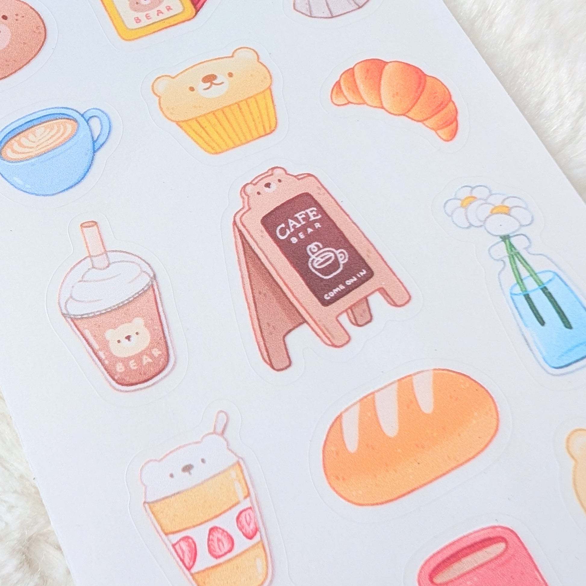 Sheet of cute food and drink stickers on a white background
