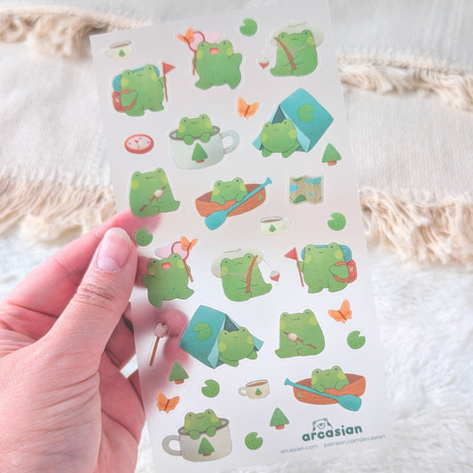 Camping Frogs Clear Waterproof Sticker Sheet