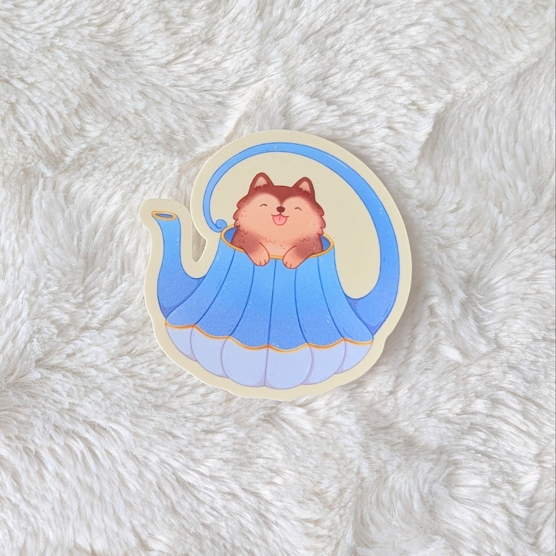 Sticker of a dog in a blue boat on a white fluffy surface