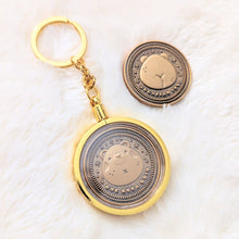 Load image into Gallery viewer, A photo of two coins made from zinc alloy with an antique gold finish. The coin of the left is inside a gold plated keychain attachment that shows the frontside of the coin with a bear design on it. The coin on the right is not enclosed in a keychain attachment and features the backside of the coin with the backside of the bear design showing.
